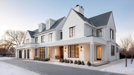 Two-story home, decorative dormers, soft ambient lighting, snow-covered ground - decorative twinkling cozy countryside