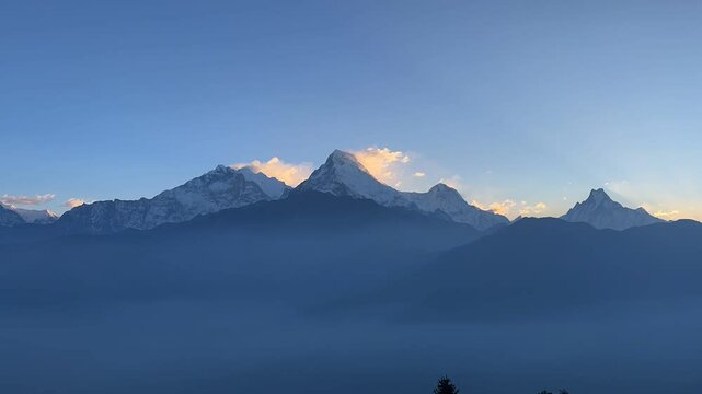 Snowcapped Mountain Top, Beautiful Dramatic Snowy Snow Covered Winter Mountains Landscape Scenery from Poon Hill Viewpoint