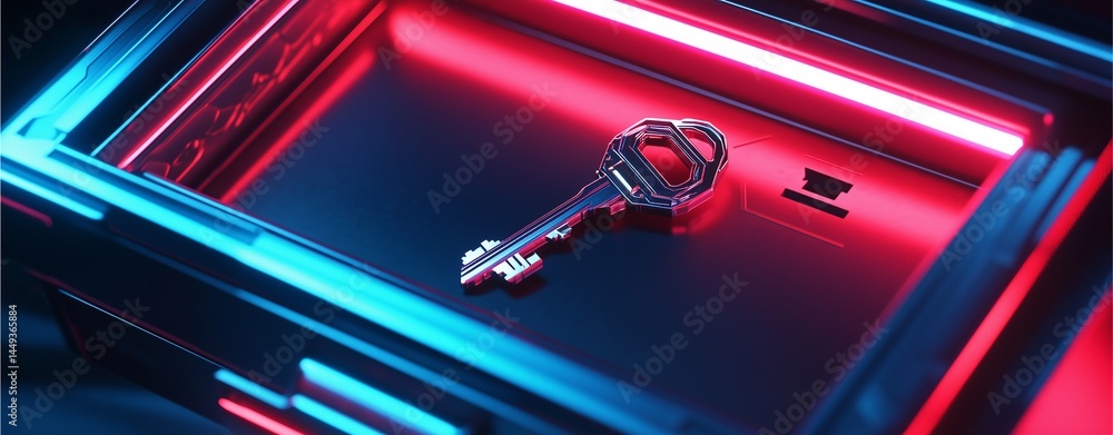 Poster the key to technology: a close-up shot unveils a sleek key resting on a high-tech surface illuminate