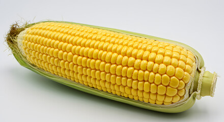 Vibrant Yellow Corn Cob, Husk Partially Peeled, Studio Shot