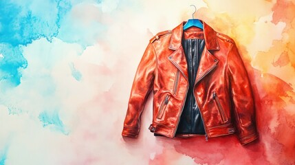 Fototapeta premium Vibrant red leather jacket hanging on a wooden hanger against a watercolor background with pastel colors, featu detailed texture, stylish fashion, and casual wear