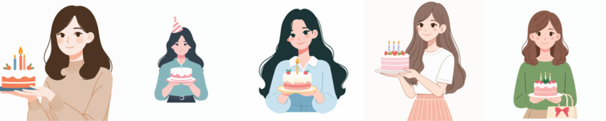 Set Vector of smiling young woman holding birthday cake