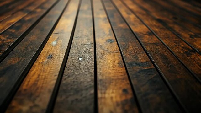 Richly-toned dark brown wood planks converge in perspective.  Texture shows age and character