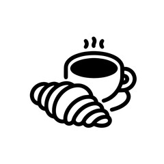 Minimalistic black-and-white line art illustration of croissant and coffee icon