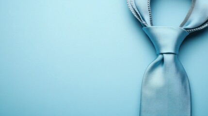 Close-up of a neatly tied light blue satin necktie on a matching background for formal business or professional attire, elegance, fashion, and accessories concept