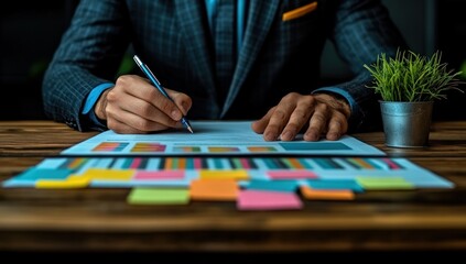 Fototapeta premium Businessman analyzing data, reviewing documents, and planning