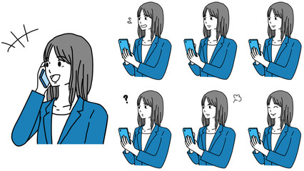 Illustration set of facial expressions of a young businesswoman using a smartphone