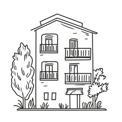 Line drawing of a two-story guesthouse with trees and plants  