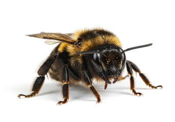 Detailed Closeup of a Fuzzy Bee Isolated on White Background Leg Bug Wing Macro Black Brown Fauna