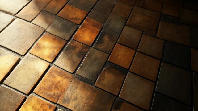 Richly-toned square tiles form a textured floor, illuminated by a dramatic light source