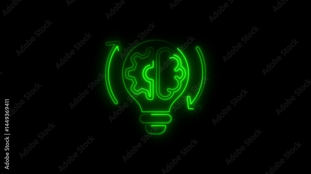 Aufkleber animated green neon lightbulb idea brainstorming loop concept on black background