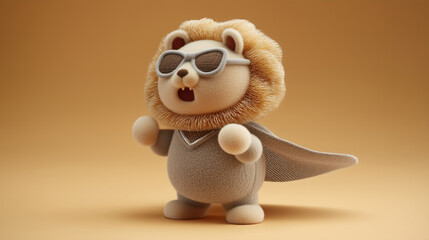 Cute lion figurine, superhero pose, light gray fur, sunglasses