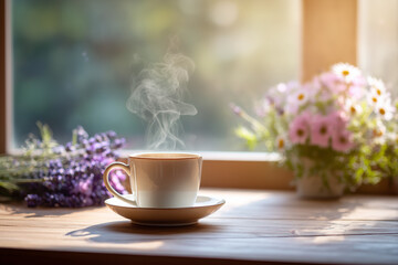 薄紫色のラベンダーの花束と、カップから立ち上る湯気が、穏やかで心地よいアロマテラピーの空間を演出するイメージ
