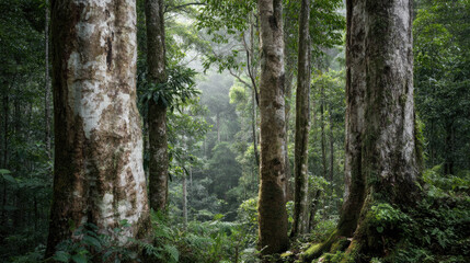 Obraz premium Lush rainforest canopy, sunlight filtering through dense trees. Grey-brown tree trunks, lush undergrowth