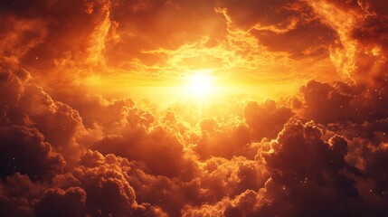 A beautiful sunset over the clouds with bright sun beams breaking through the cloud cover