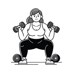 Plus Size Woman Squat Exercise Silhouette Vector with Dumbbells