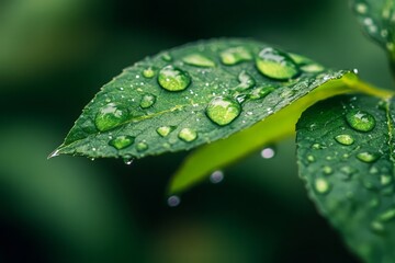 Fresh Green Leaf with Water Droplets, Perfect for a Refreshing Nature Background.