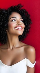 Naklejka premium Beautiful Smiling Black Woman Red Background Portrait