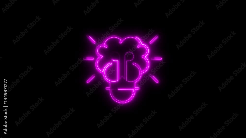 Poster glowing neon brain shape inside of a lightbulb illustrating idea and innovation