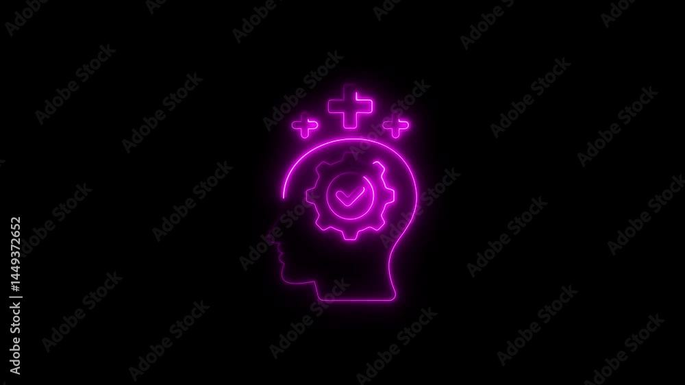 Aufkleber glowing neon brain processing with checkmark positive thinking and efficiency concept