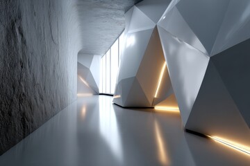The image captures an intriguing corridor filled with unusual geometric shapes, elegantly lit to highlight the interplay of light and shadow, showcasing modern architectural imagination.