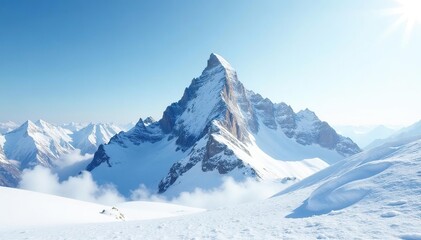 Obraz premium Snow-covered mountain peak against bright white sky, altitude, nature