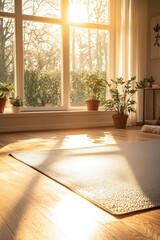 Fototapeta premium Sunlit home gym with yoga mat, cozy atmosphere, plants adding fr
