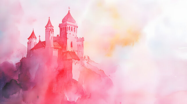 Red monastery watercolor painting with simple details on pastel abstract background. Watercolor background with copy space.