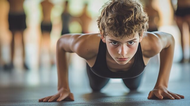 Focused young athlete performs push-ups in energetic training en