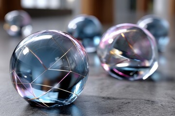 This artistic image showcases beautifully designed glass orbs with vibrant colors against a soft surface, highlighting their reflective properties and creating an ethereal look.