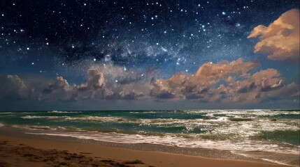 A starry night at beach, where the sky meets the ocean in harmony