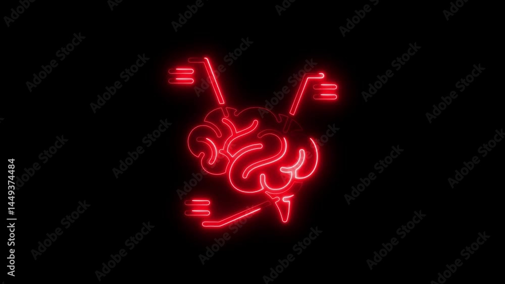 Poster glowing red neon brain icon with futuristic connection lines on dark background