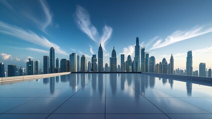 Empty square floor and city skyline with building background