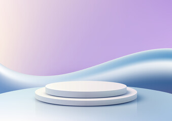 3D white round podium mockup on pastel gradient background, modern abstract display showcase product stand
