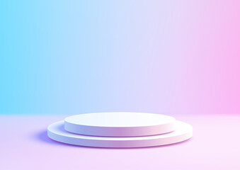 3D white round podium stand on gradient blue pink backdrop minimalist product display mockup showcase
