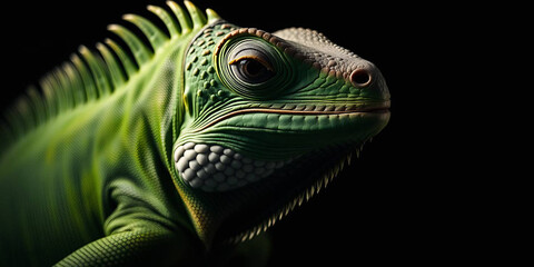 Obraz premium a green iguana, showcasing its detailed features. The iguana's skin is a vibrant green with patches of darker green and brown, providing a textured appearance