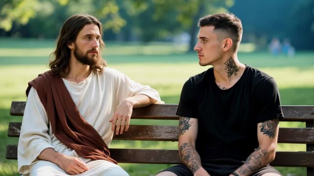 Jesus on park bench with tatted dude