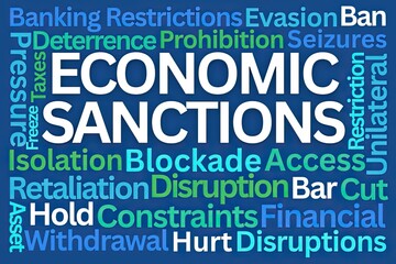 Economic Sanctions Word Cloud on Blue Background