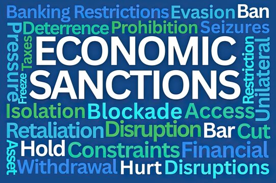 Economic Sanctions Word Cloud on Blue Background