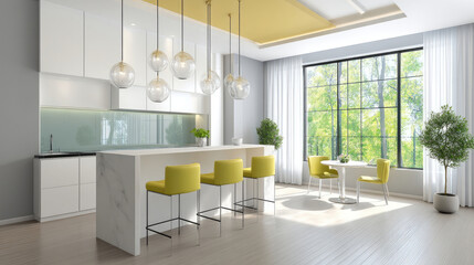 Bright, modern kitchen with yellow accents.  Spacious, airy, and stylish.  Natural light floods the room