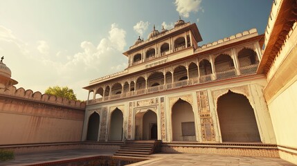 Fototapeta premium Majestic Indian Palace Architecture Sunny Day Ancient Building Old Fort Stone Beige Royal Grand 