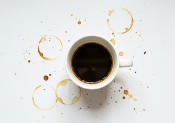 Morning Coffee Spills White Background Dark Drink Mug Hot Cup Mess Brown Stain Aroma Rings Drops
