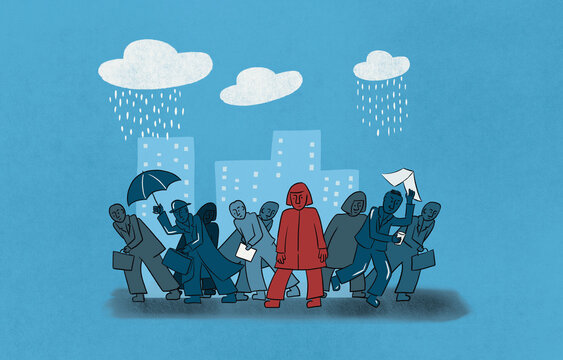 Crowd commuting in the rain
