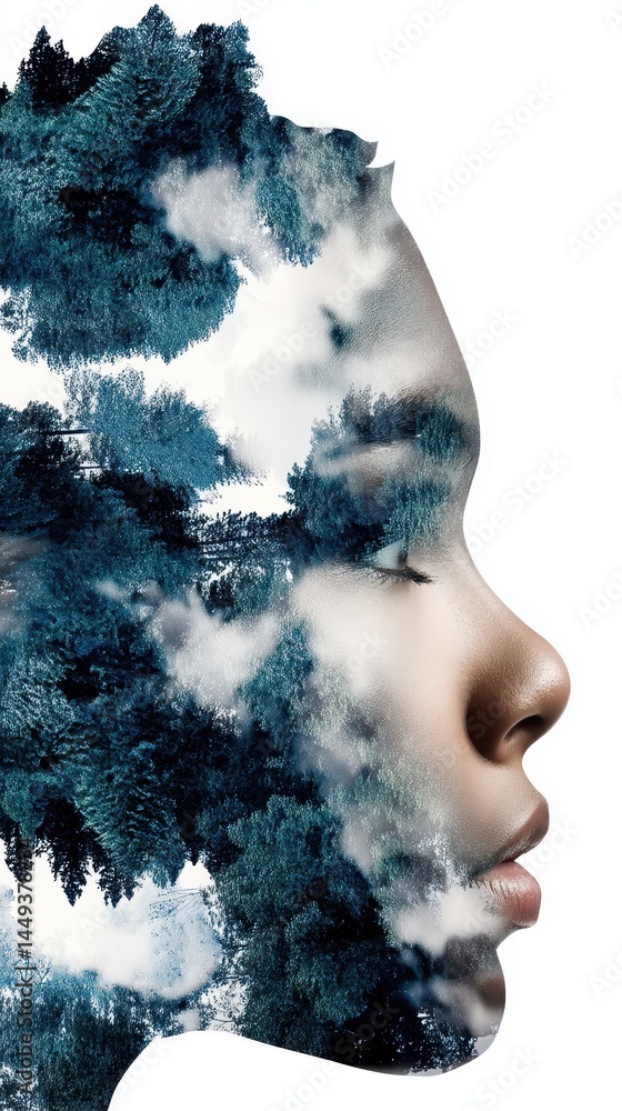 Poster silhouette of a climbers profile merging with forest and clouds, symbolizing peak potential in natur