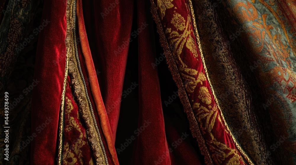 Poster rich textiles drape elegantly, showcasing intricate patterns and