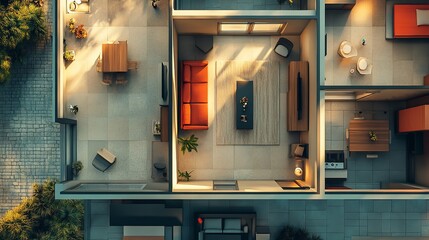 Modern Apartment Top View Plan Design Interior Architecture Home 3d room real wood cozy house decor 