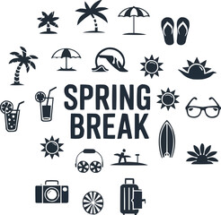 spring break vector, black spring icons, vacation silhouette set, beach holiday elements,