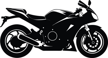 Obraz premium A black vector silhouette depicts a fast sport motorbike with visible wheels, suggesting speed and transport