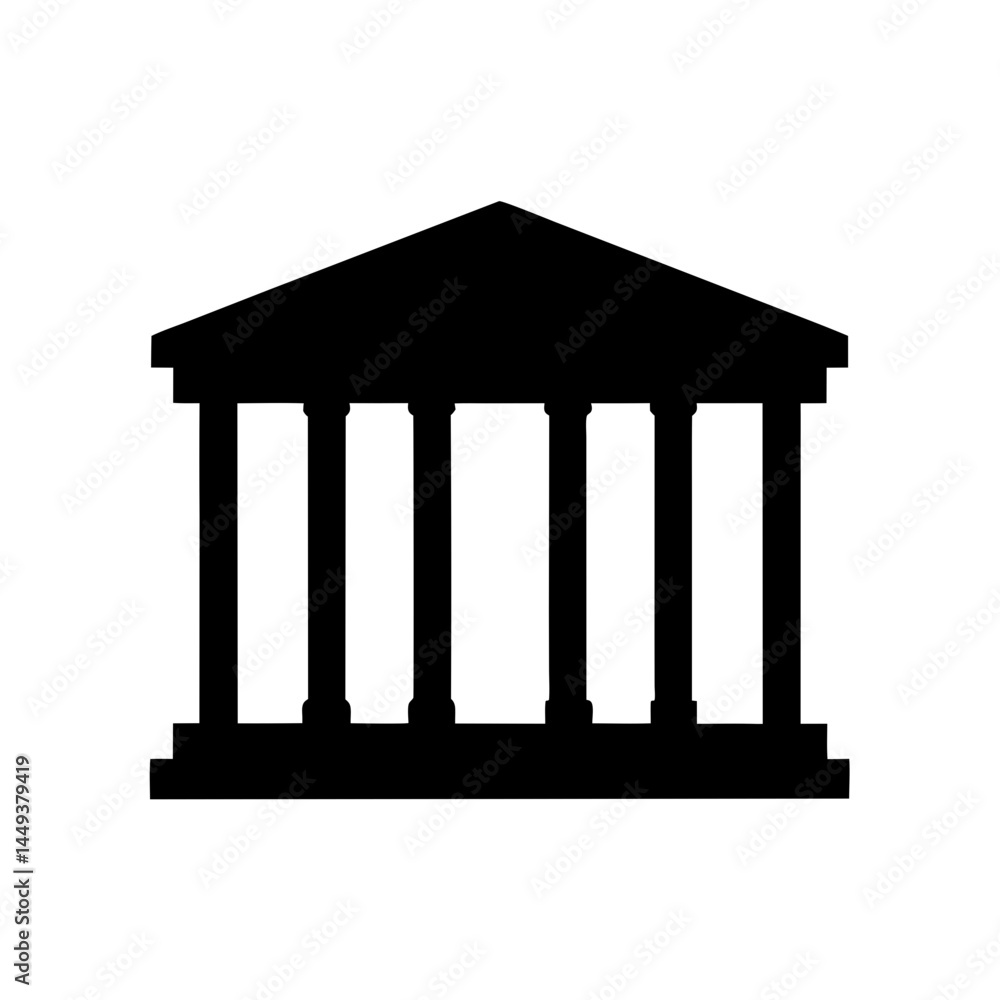 Poster black silhouette of a classical building with columns on a white background