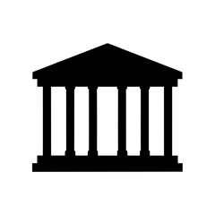 Black silhouette of a classical building with columns on a white background